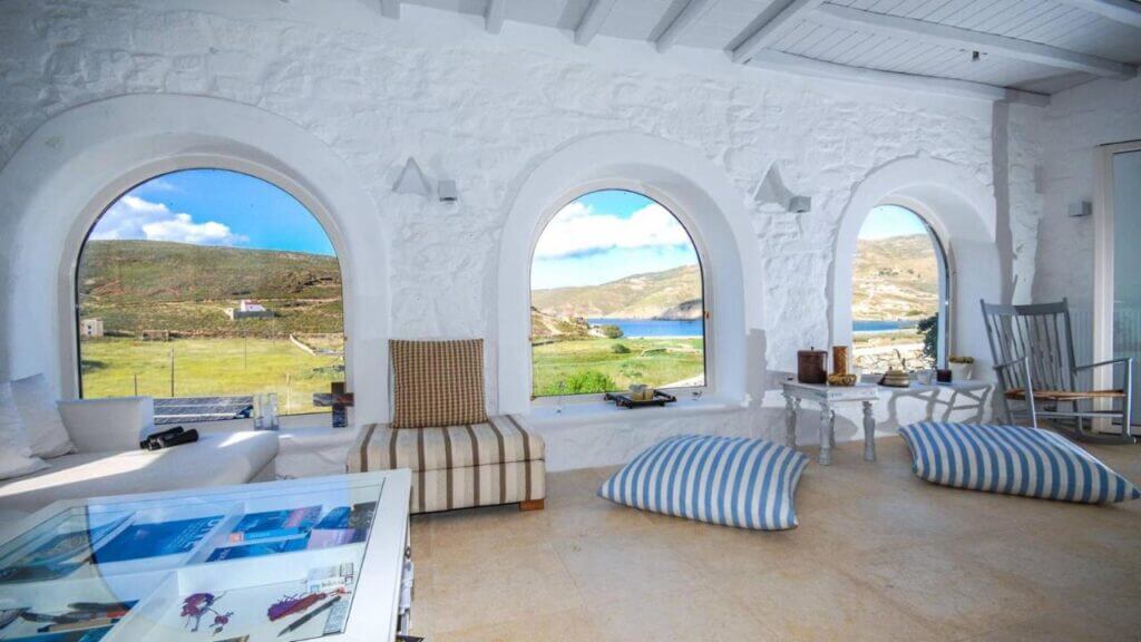 Secluded villa and its authentic living room with a view.