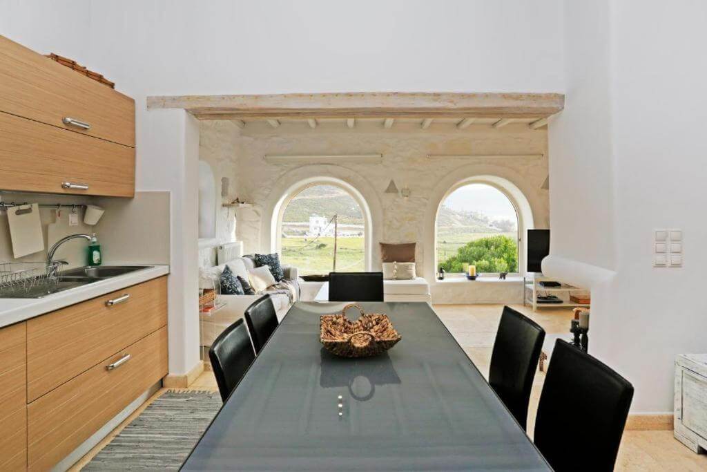 Kitchen and dining room in the finest villa available for booking, Mykonos.