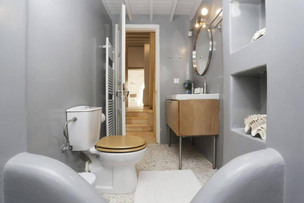 Modern bathroom in a secluded villa for rent, Mykonos.