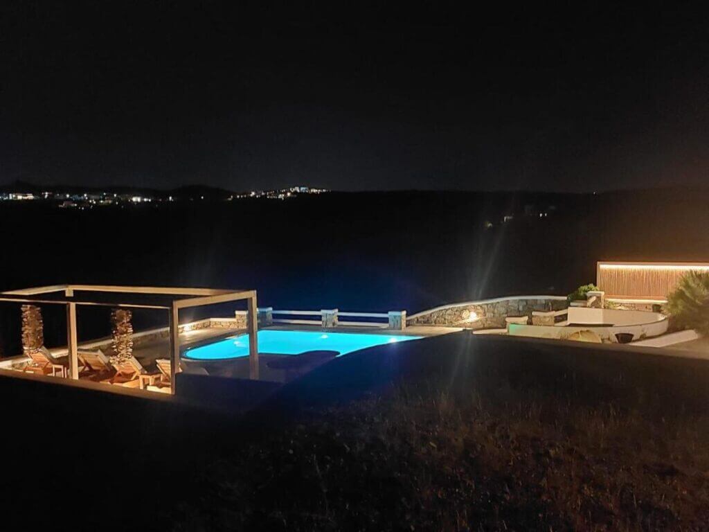 Mykonos by the night from our luxurious villa for rent.