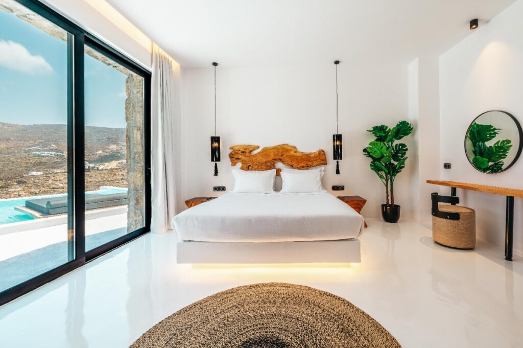 The most secluded villa in Mykonos and its deluxe bedroom.