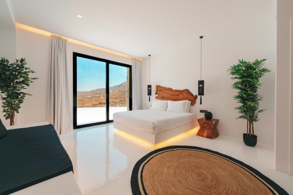 Comfy and modern bedroom in Mykonos splendid villa for rent.