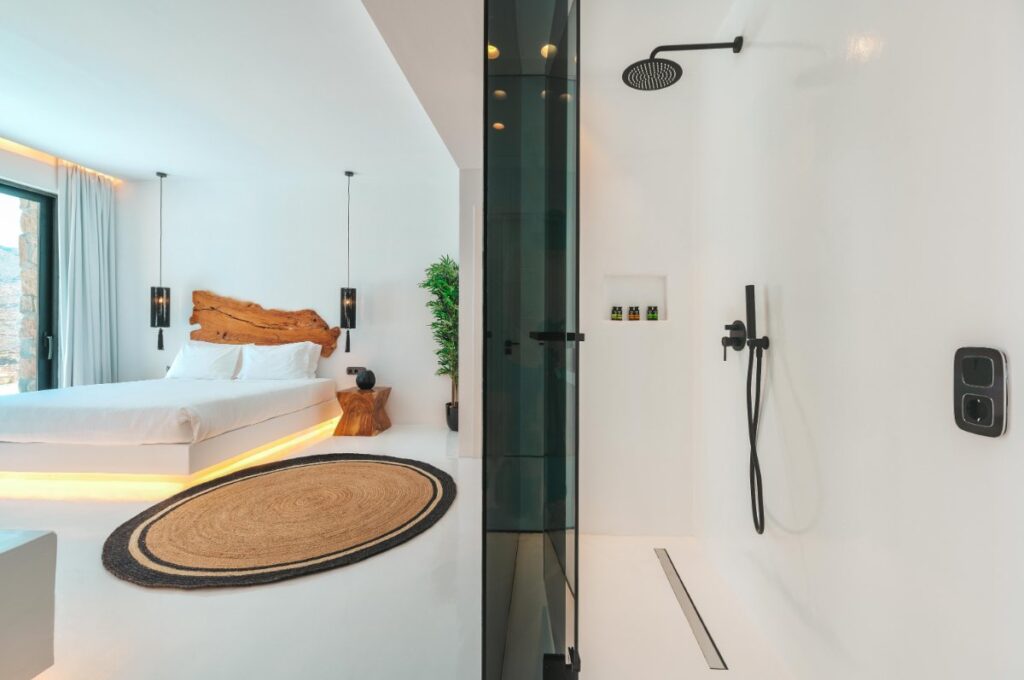 Shower and bathroom in an opulent Mykonos rental villa.