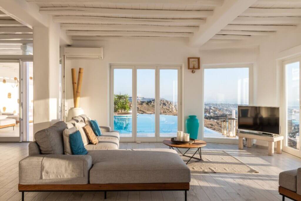 Mykonos top rental villa and its stunning living room.