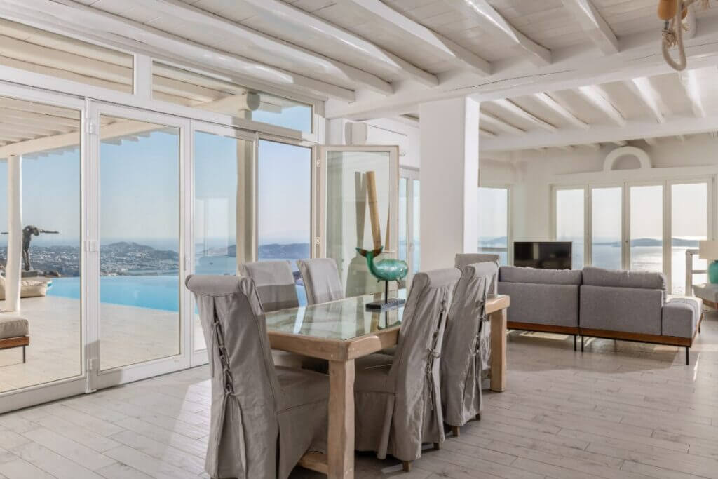 Elegant and modern dining table at the finest Mykonos rental villa.