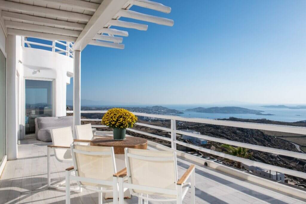 Enjoy the view from the best Mykonos terrace, ready for rent.