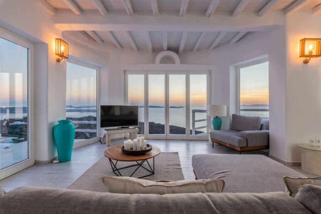 The comfort of the living room in the best Mykonos rental villa.
