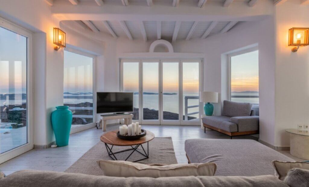 Living room in Mykonos lavish villa for rent.