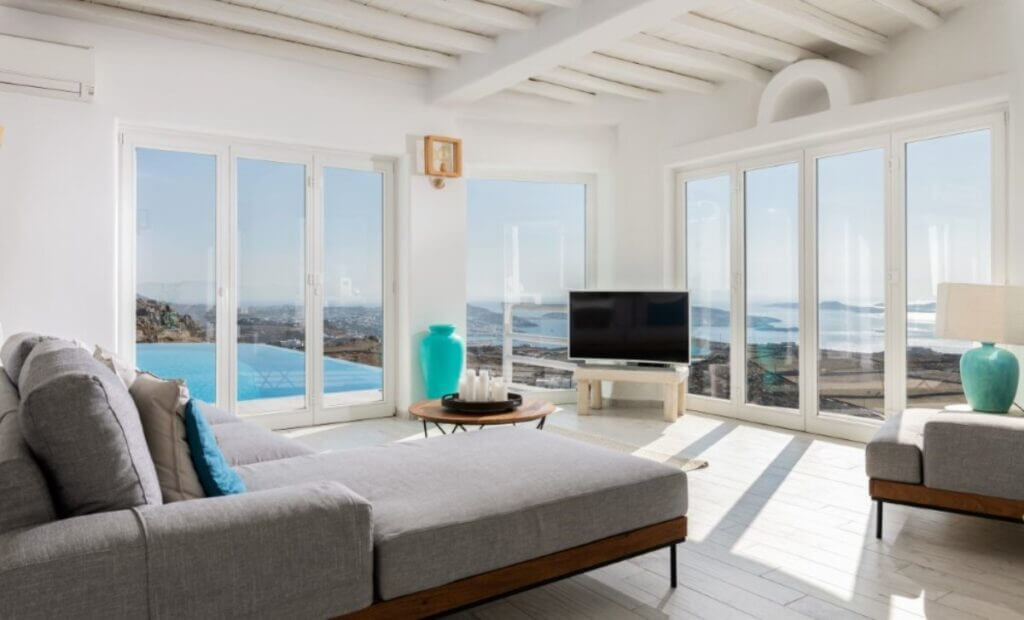 Comfy, luxurious living room in the lavish villa for rent, Mykonos.