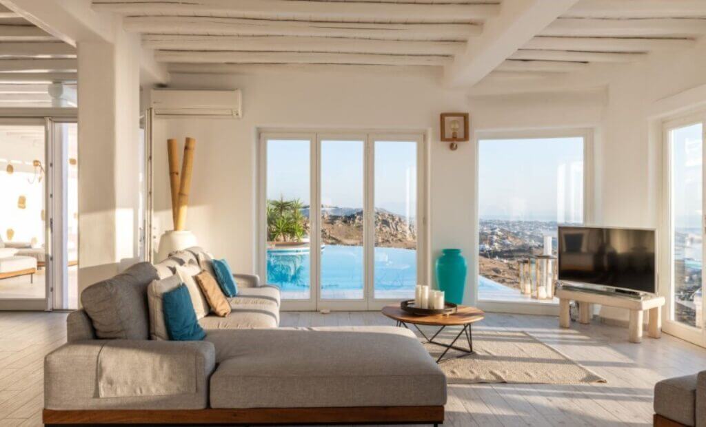 Deluxe living room in a top-rent villa in Mykonos, Greece.