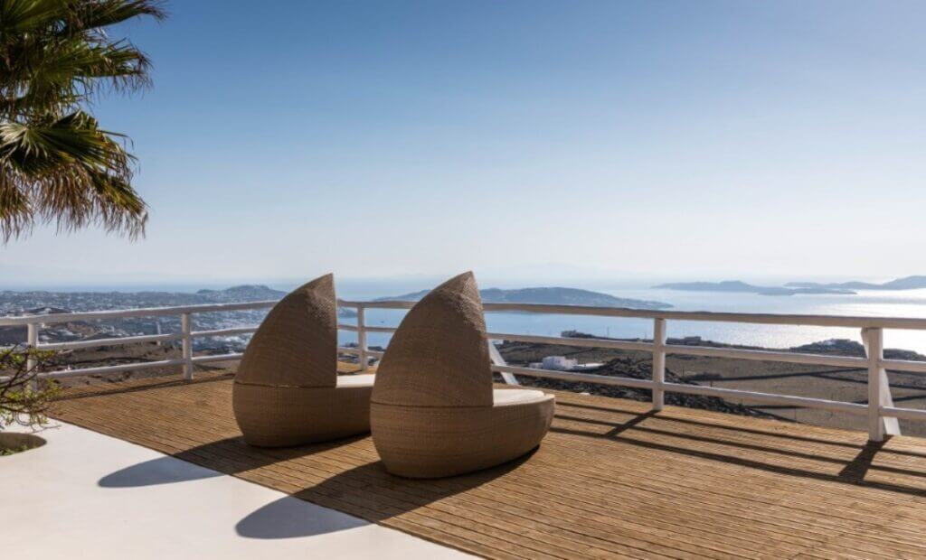 Terrace with a sea view in our exquisite villa in Mykonos.
