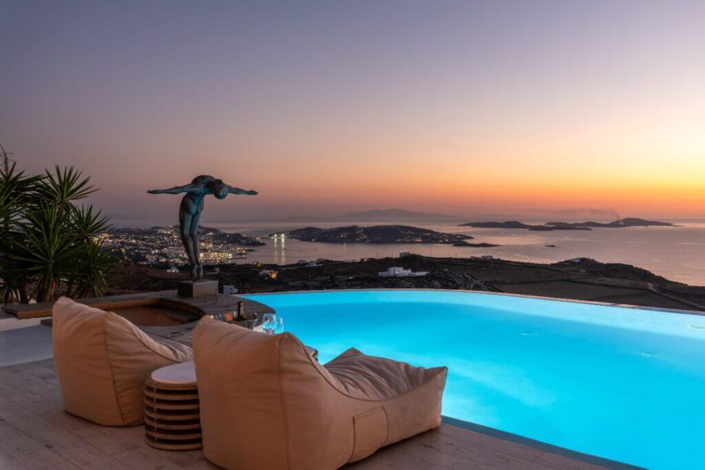 The sunset from the lavish Mykonos villa with a luxurious private pool for rent.