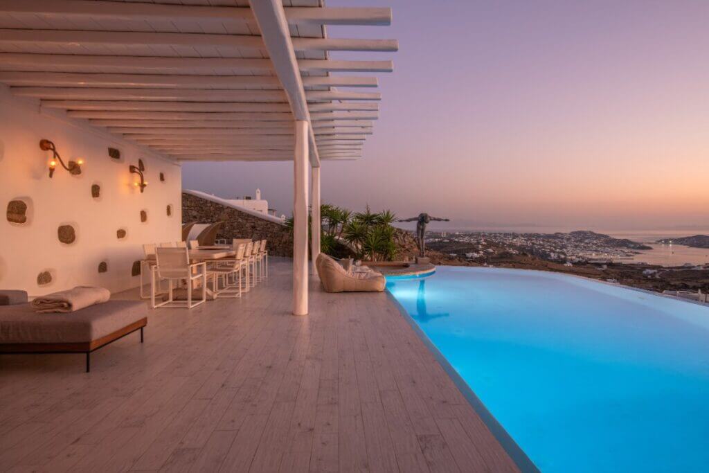 The charm of Mykonos sunsets at the luxurious villa for rent with a private pool.