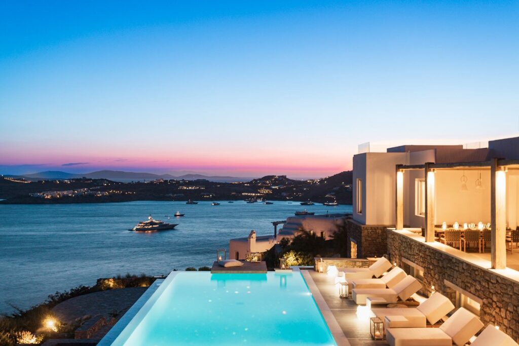 The view of Mykonos from the finest villa for booking.
