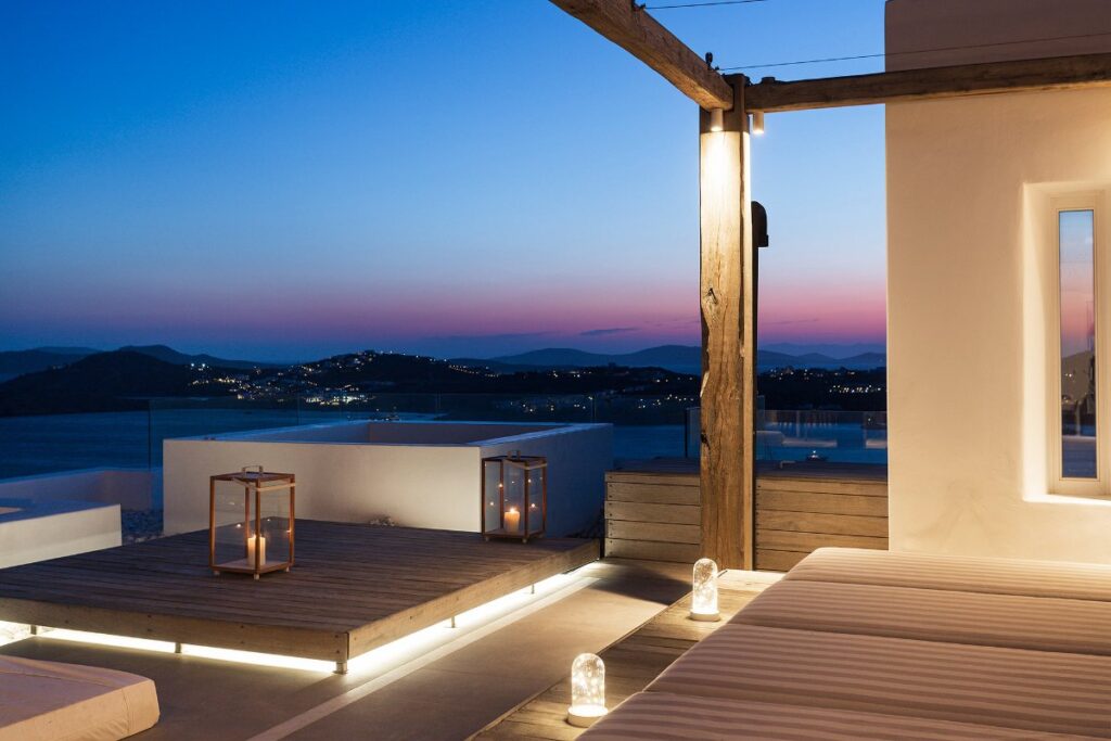 Enjoy Mykonos' spectacular evening views from the best rental villa.