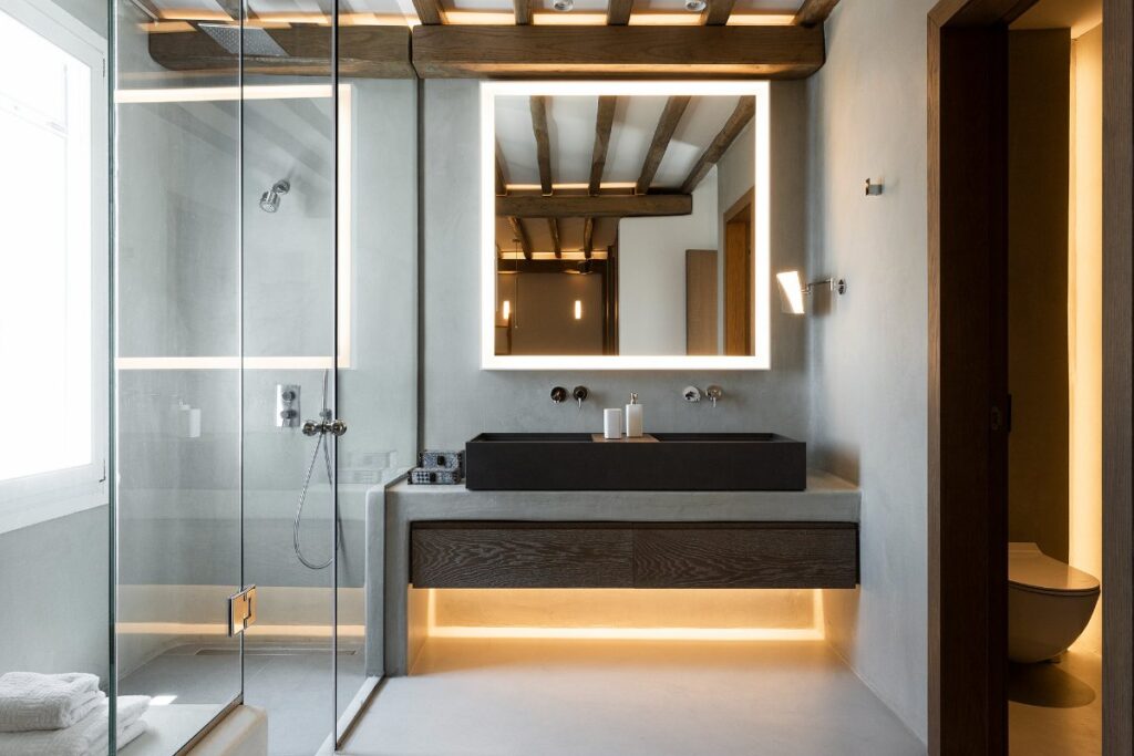 Bathroom in Mykonos deluxe rental villa for booking.