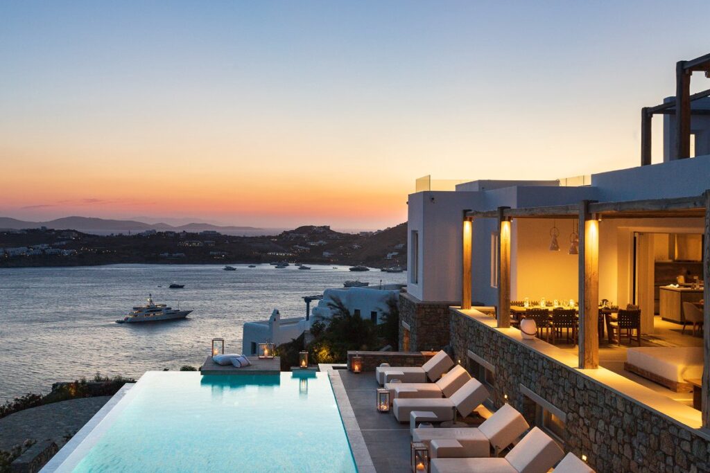 Enjoy the sunset in Mykonos' finest villa for booking, Greece.