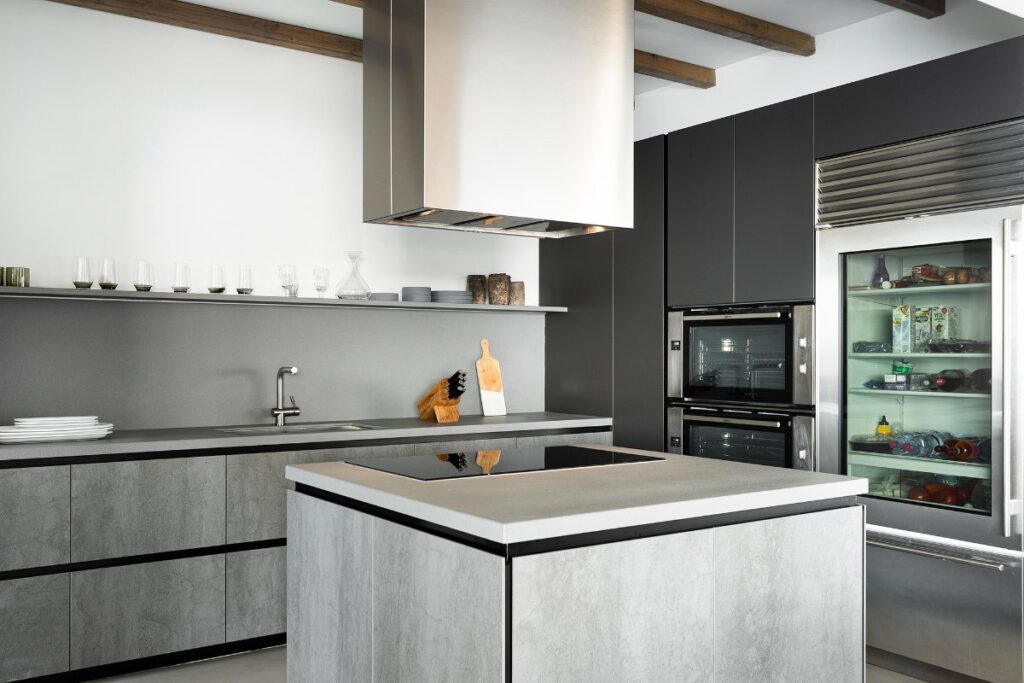 Modern kitchen in Mykonos villa for rent.