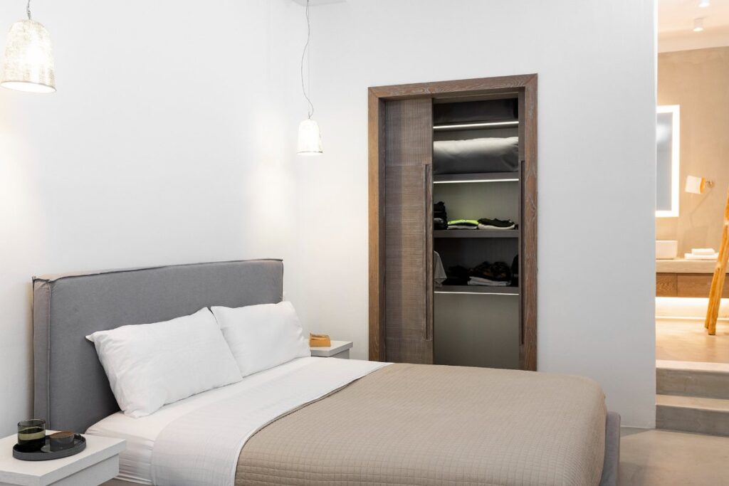 Cozy bedroom in Mykonos villa available for rent.