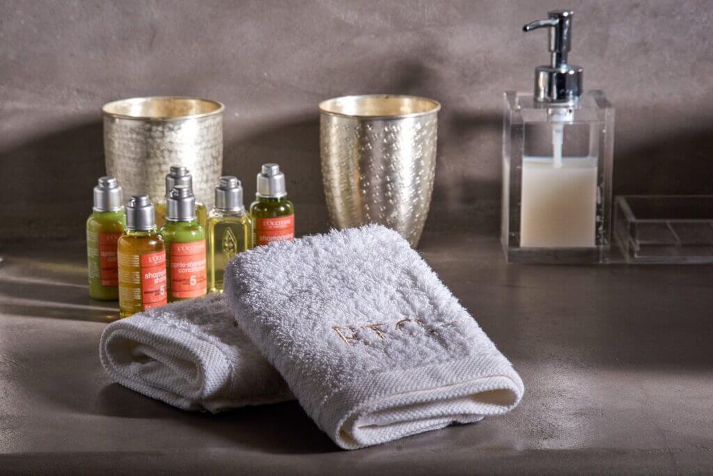 Bathroom essentials in the finest Mykonos villa for booking.