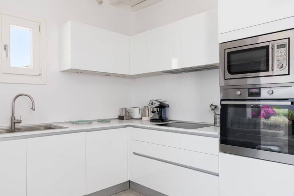 Ultra-modern kitchen in Mykonos luxurious villa for rent.