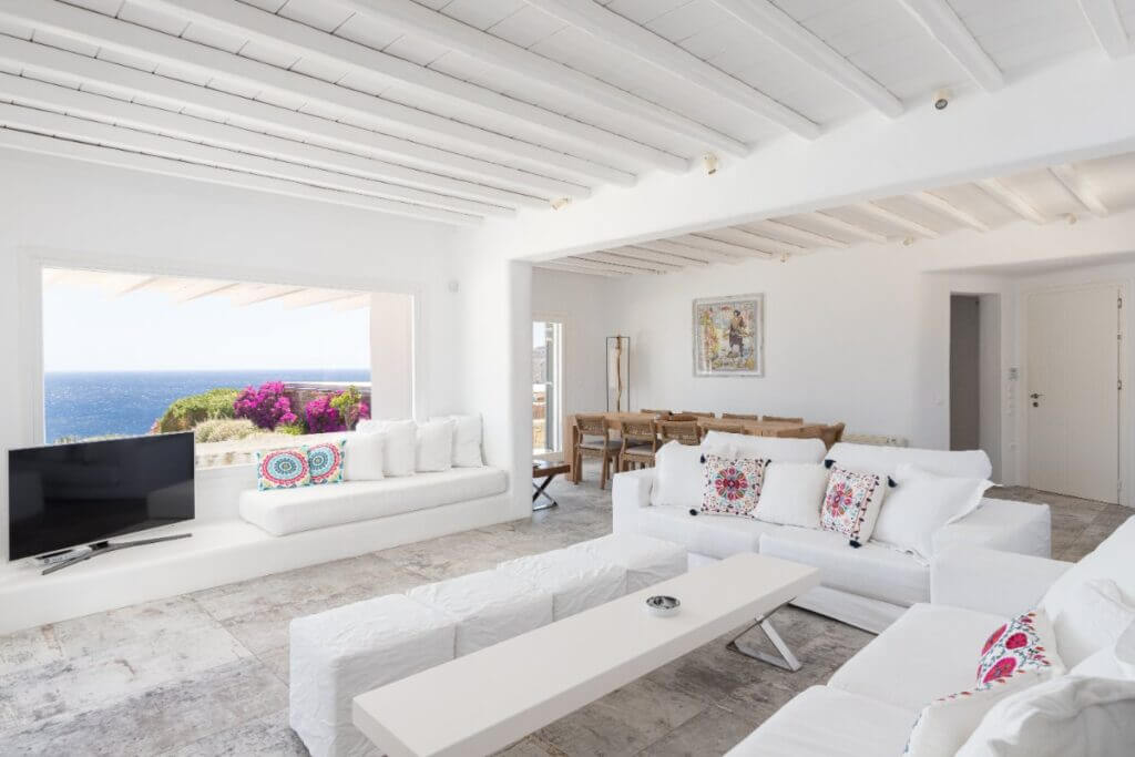 Spacious and full of light living room in Mykonos rental villa.