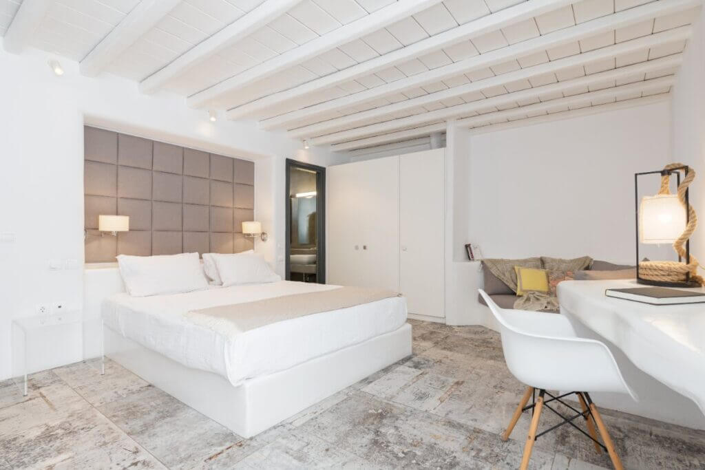 Splendid bedroom in Mykonos lavish villa for rent.