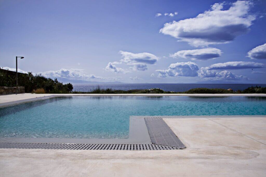 Perfect blue oasis at the private pool in Mykonos' top villa for rent.