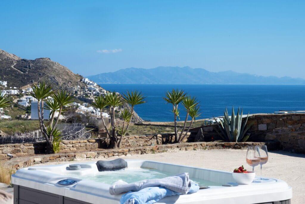 Jacuzzi and the perfect sea view in a lavish villa, Mykonos, Greece.