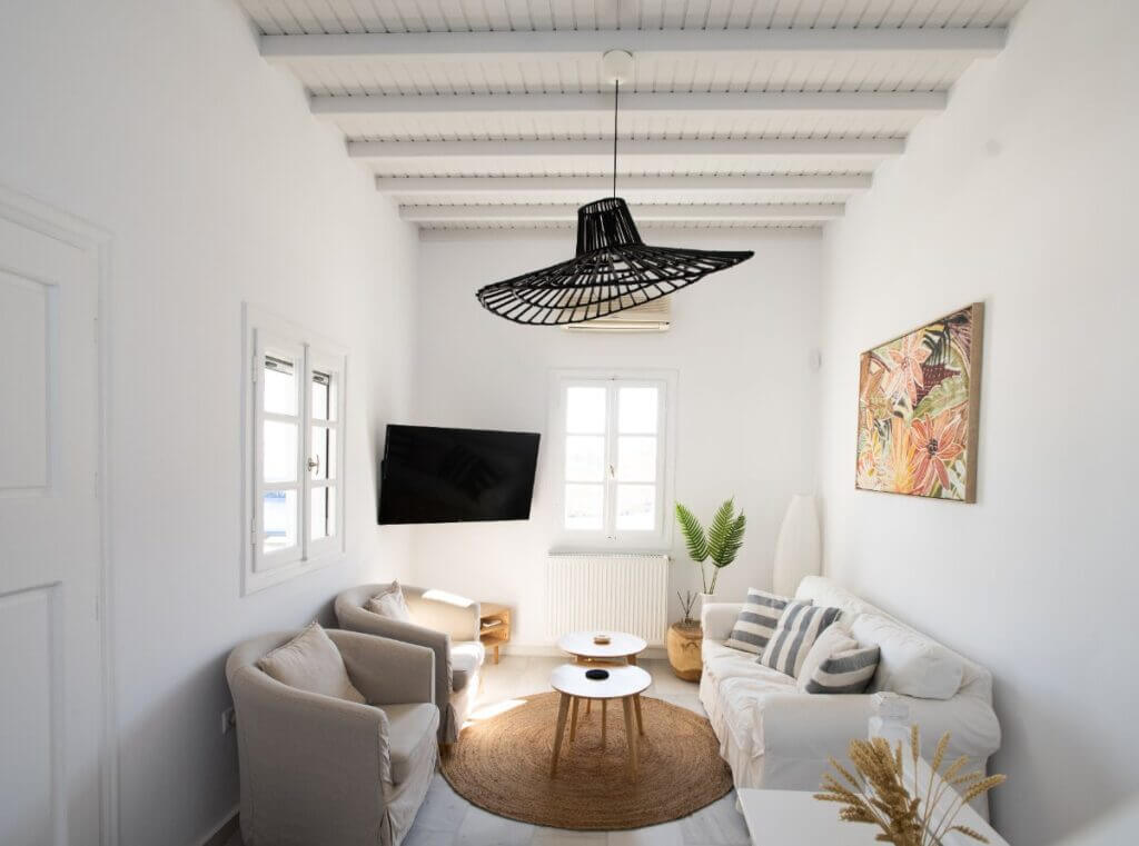 Comfy living room in a lavish Mykonos villa for rent.