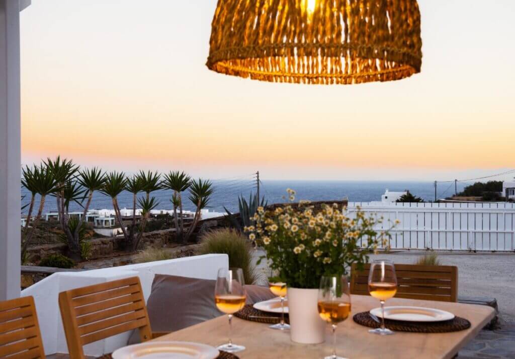 Sunset from the most luxurious Mykonos villa for rent, Greece.