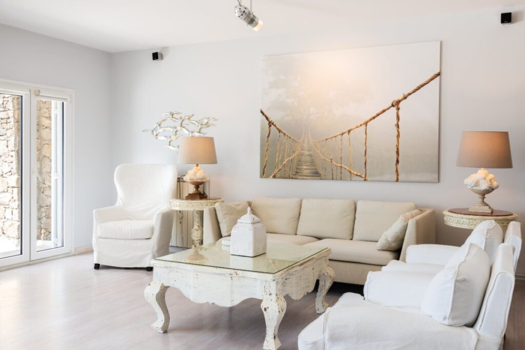 Living room in the most lavish villa for rent, Mykonos.