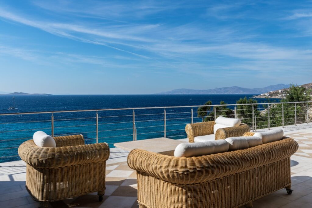 Spectacular view from a terrace in the best Mykonos villa for rent.