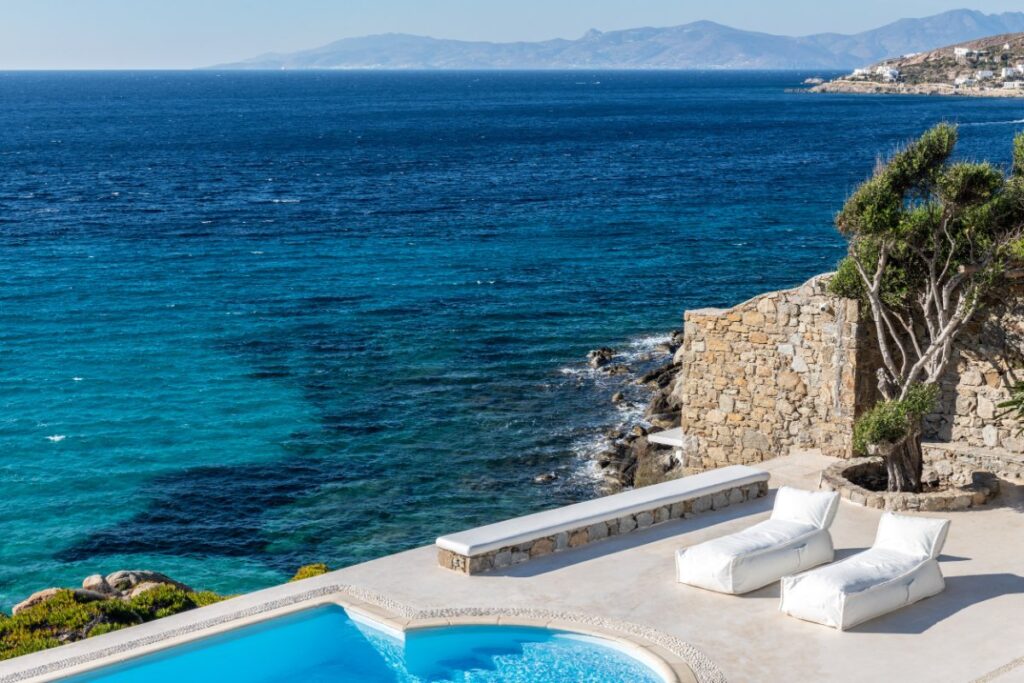 Wide, blue horizon, from the finest villa in Mykonos, Greece.