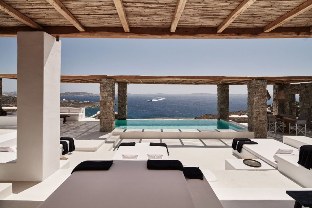 Enjoy the view from the luxurious Mykonos villa, ready for rent.