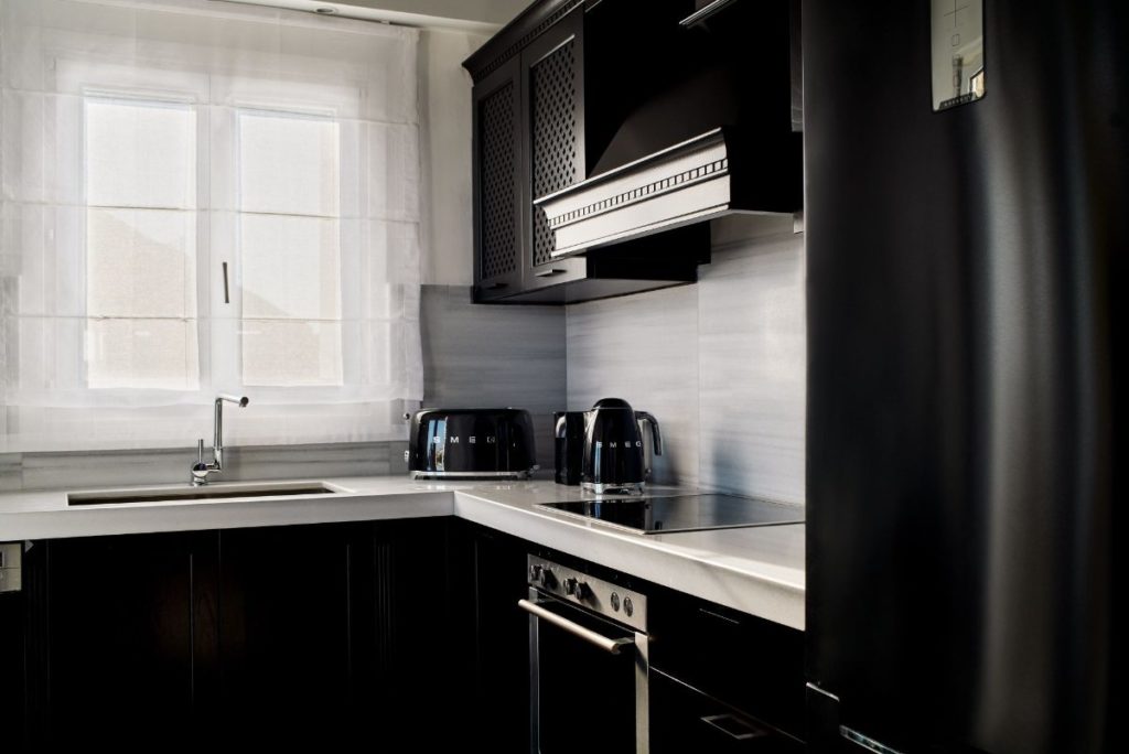 Modern kitchen in the most lavish villa for rent, Mykonos.