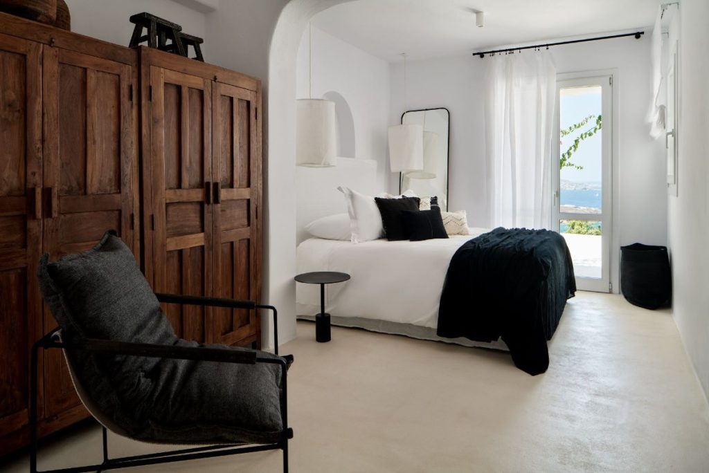 Luxurious bedroom in Mykonos lavish villa for rent.