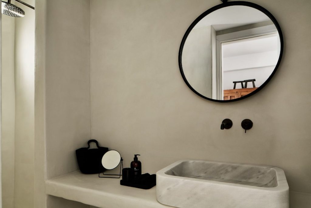 Modern bathroom in Mykonos best private home, ready for booking.