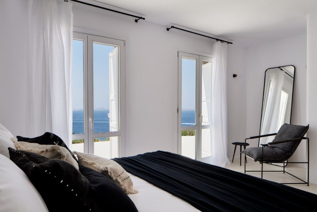 Deluxe bedroom with a fantastic sea view, Mykonos villa for rent.