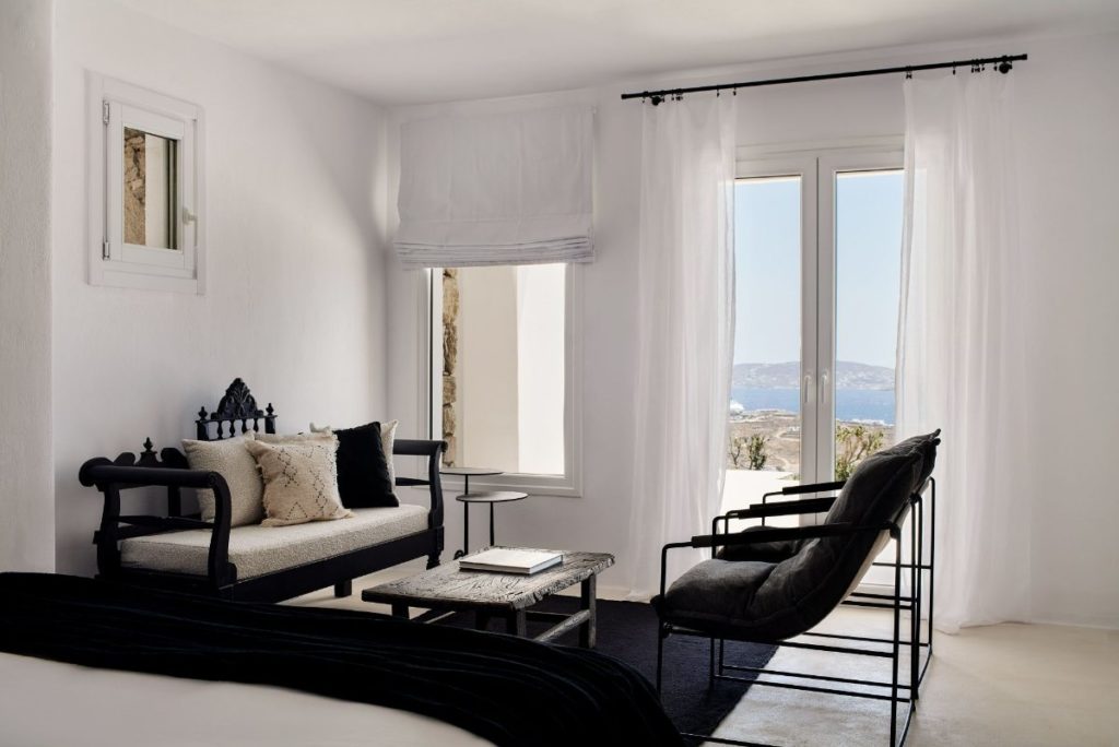 Modern living room in Mykonos villa for booking.