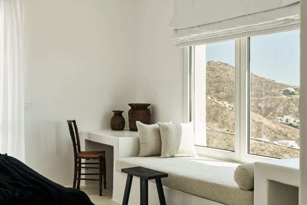 Soft and modern design, Mykonos villa for rent.