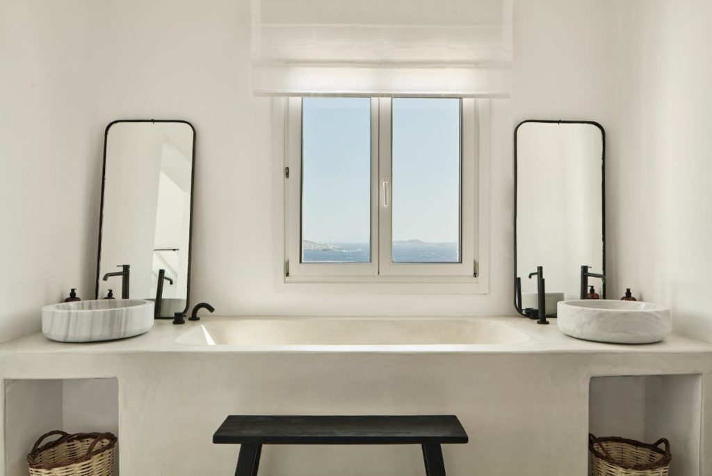Bathroom with a wonderful view, Mykonos villa for rent.