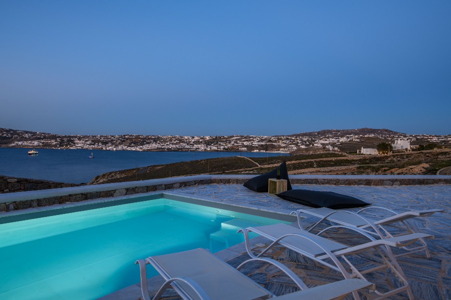 Mykonos villa with a stunning view of the sea and the city.