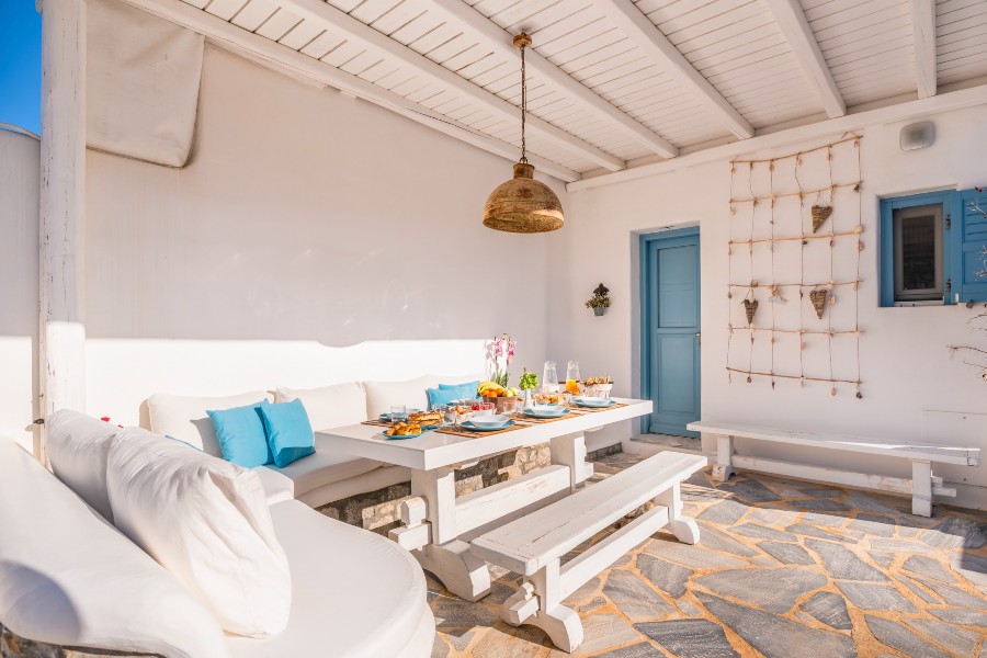 Super cozy balcony in the best Mykonos villa for rent.