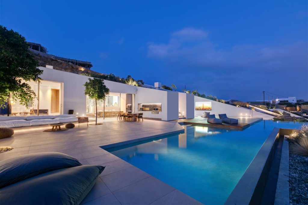 Luxurious private pool and outdoor amenities in top rental Mykonos villa.