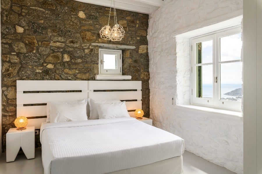 Bedroom with a view, Mykonos rental villa.
