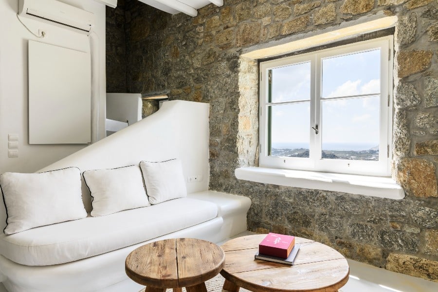 Living room with a sea view, Mykonos best rental home.