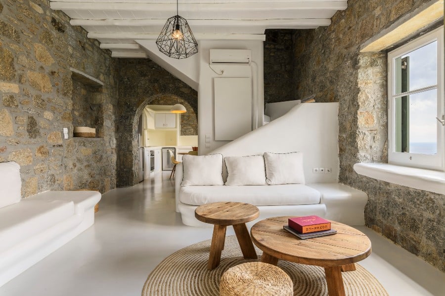 Cozy living room in the most lavish Mykonos home for rent.