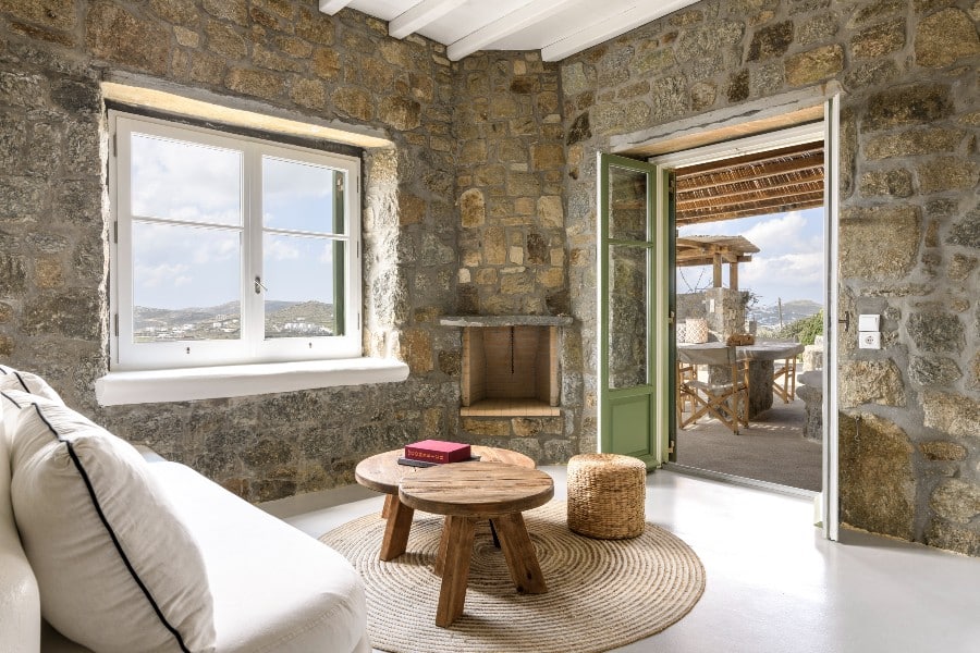 Adorable living room in the best Mykonos villa for rent.