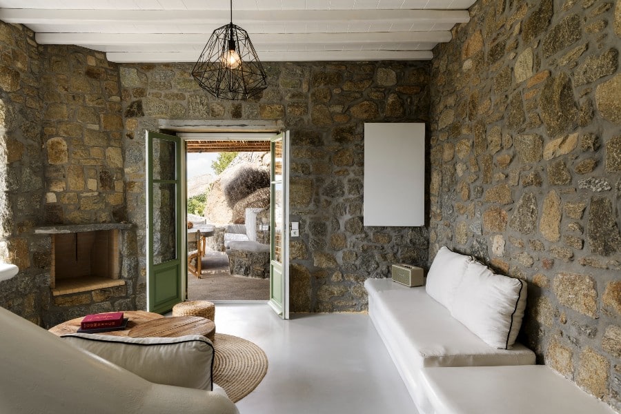 Living room in the best Mykonos villa for rent.